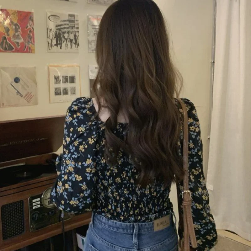 Floral Blouses Women Long Puff Sleeve Lace-up Design Fashion Slim Fit Casual Females Ulzzang All-match Spring Stylish Popular