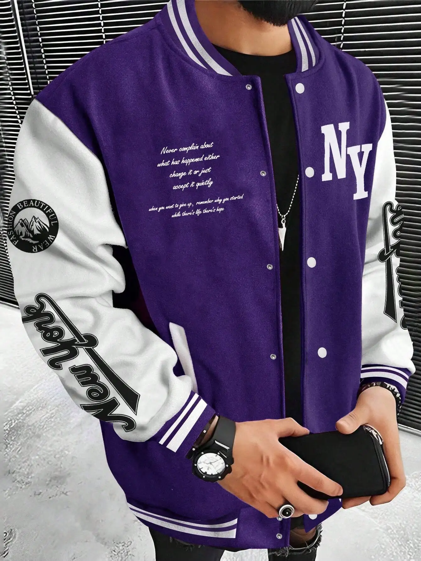 Men Slogan Graphic Two Tone Varsity Jacket， Letter Print Color-block Baseball Jacket，Baseball uniform