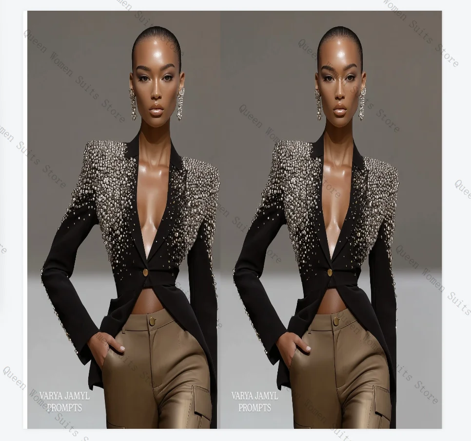 Luxury Crystals Women Suit Set 2 Pcs Blazer+Straight Pants Trouser Cotton Formal Office Lady Jacket Wedding Prom Coat Customized image 3