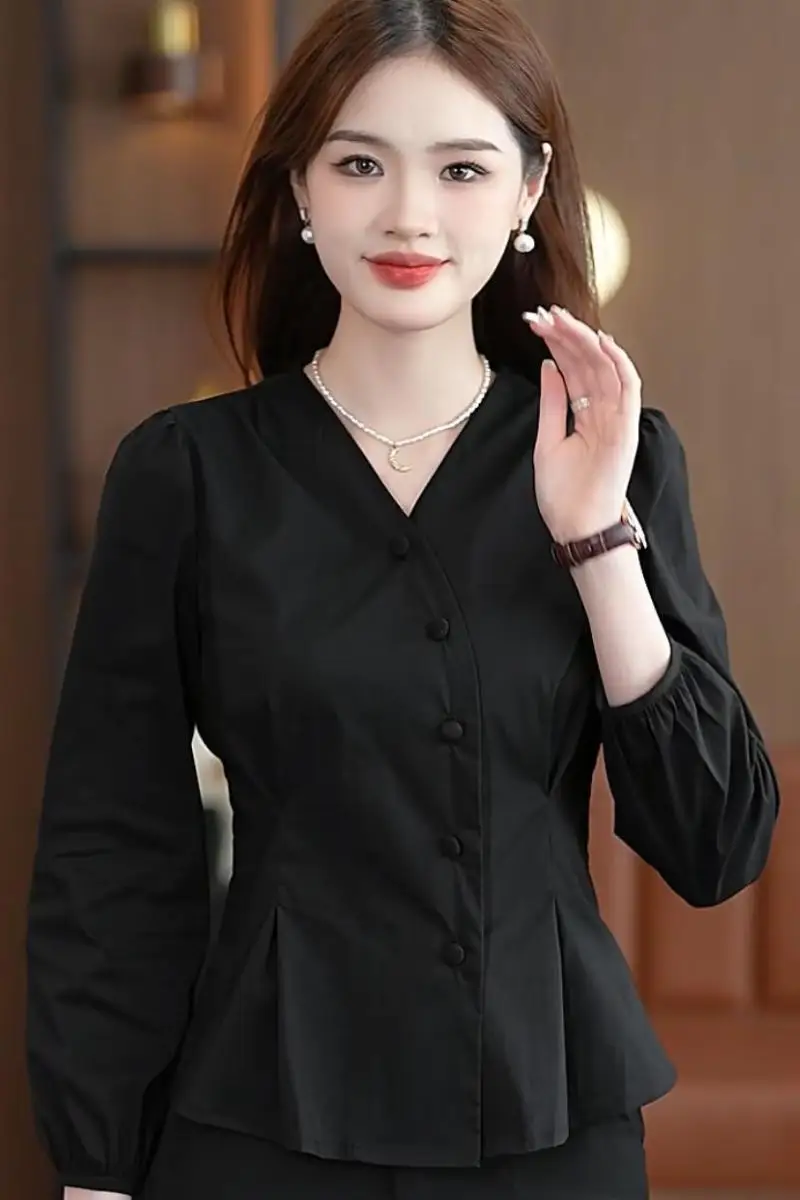 

Новая корейская повседневная блузка с V-образным вырезом, утягивающая, из дышащего полиэфирного волокна высокой плотности, с длинным рукавом