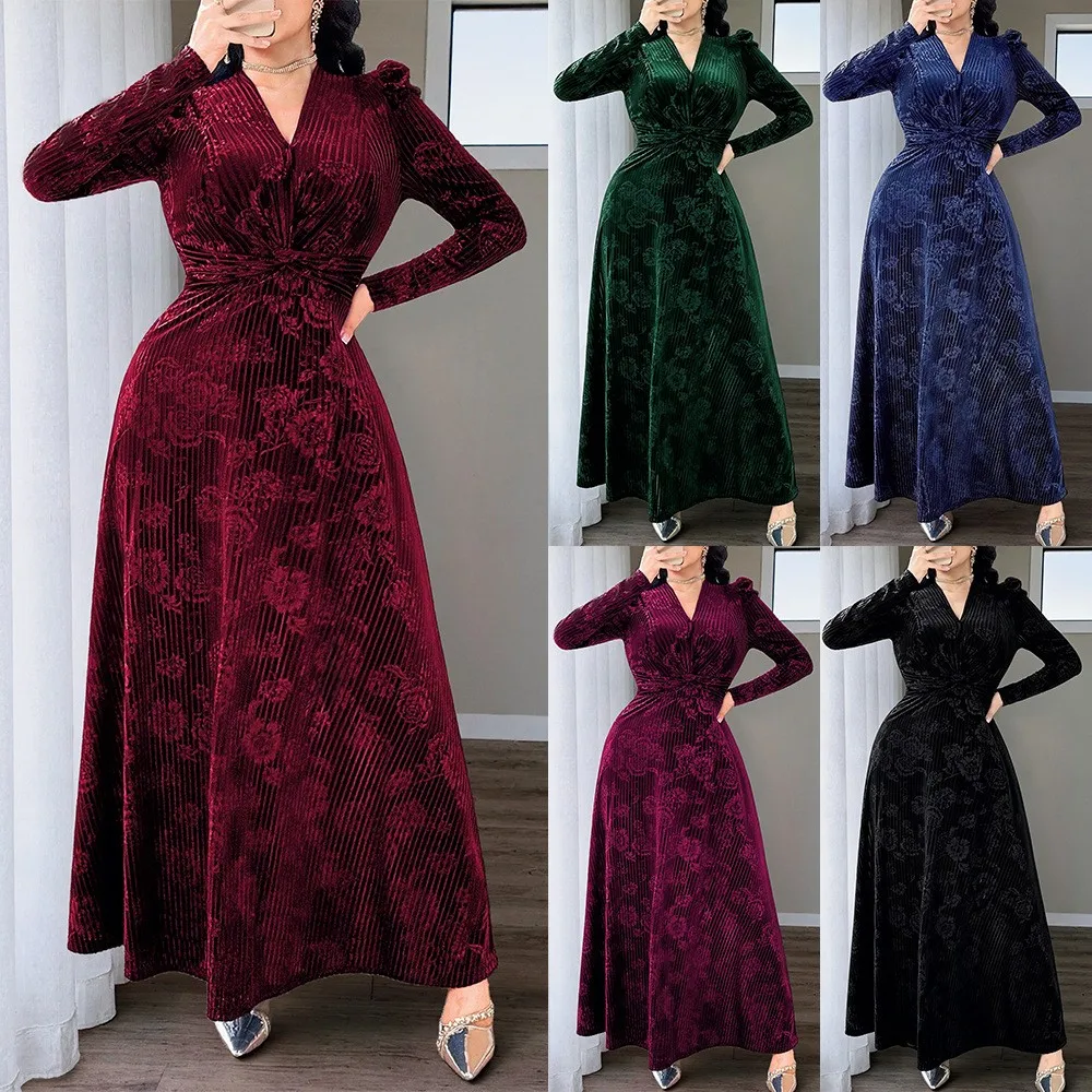 V Neck Long Sleeve Gown Flared Elegant with Side Zip Maxi Length Flocked Commuter Chic Flared Skirt Dress Summer for Women