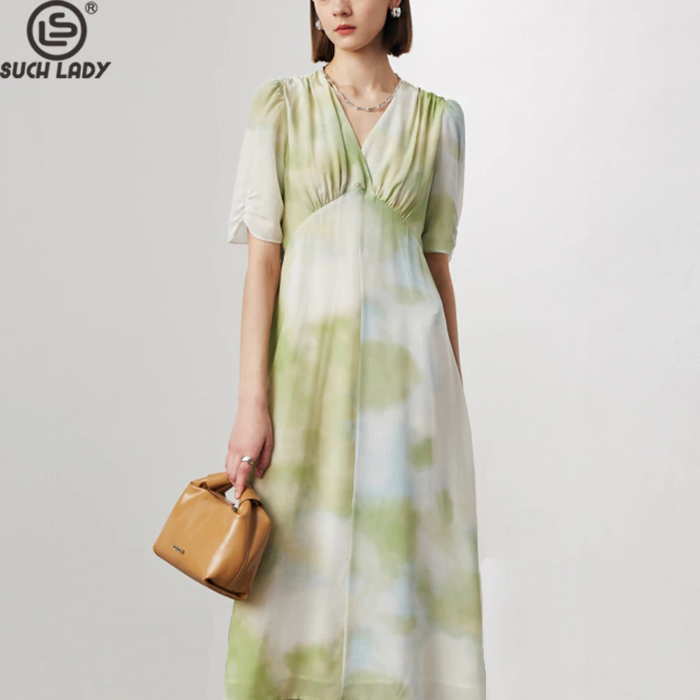 

100% Silk Women's Dresses V Neck Short Sleeves Printed Elegant Fashion Casual Summer Vestidos