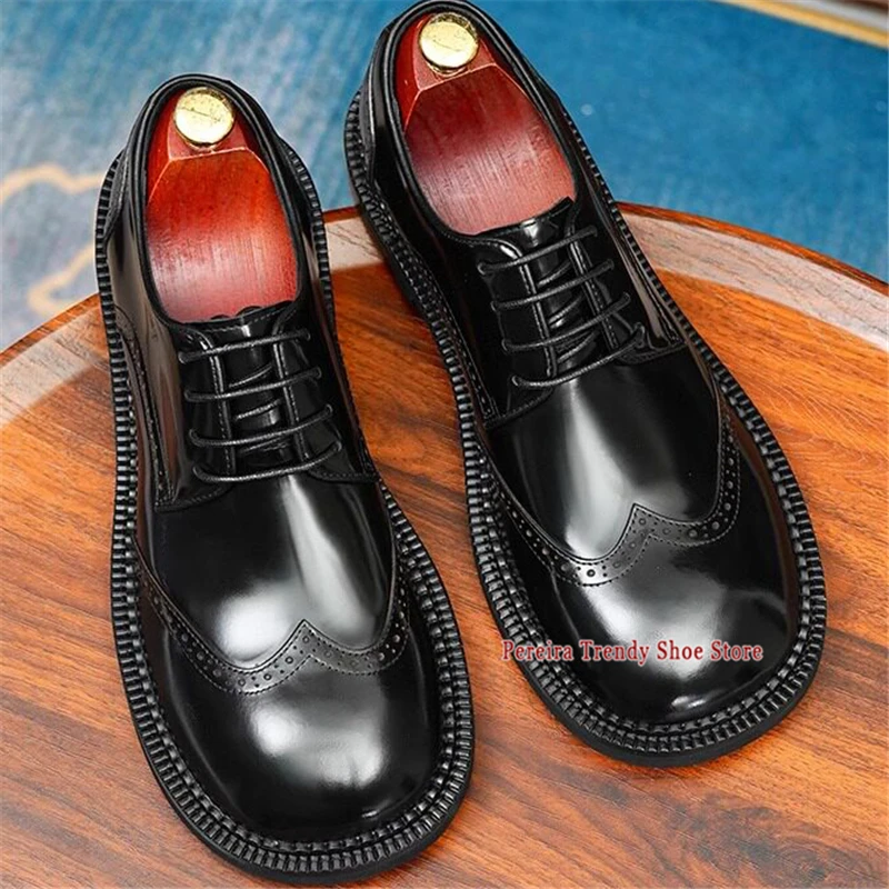

Big Round Toe Thick Soled Lace-Up Derby Shoes for Men British Style Retro Carved Genuine Leather Oxfords Trendy Casual Shoes