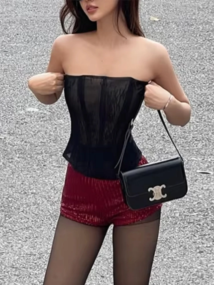 

InGrily, летний сексуальный комплект из 2 предметов, женские прозрачные сетчатые топы без бретелек с рыбьей косточкой + мини-шорты с блестками, одинаковые костюмы одинакового цвета