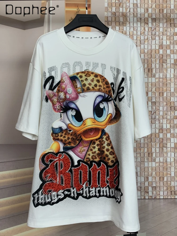 

Leopard Cartoon Fashion Loose Short-sleeved T-shirt Trendy Brand Autumn Winter New Brushed Cotton Heavy-duty Hot Drilling Top