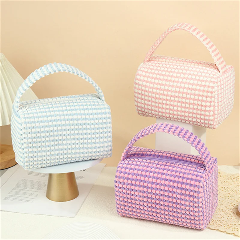 Casual Pillow Makeup Bag with High Beauty Grid Two tone Cosmetic Storage Bag Fashionable Commuter Handheld Makeup Bag