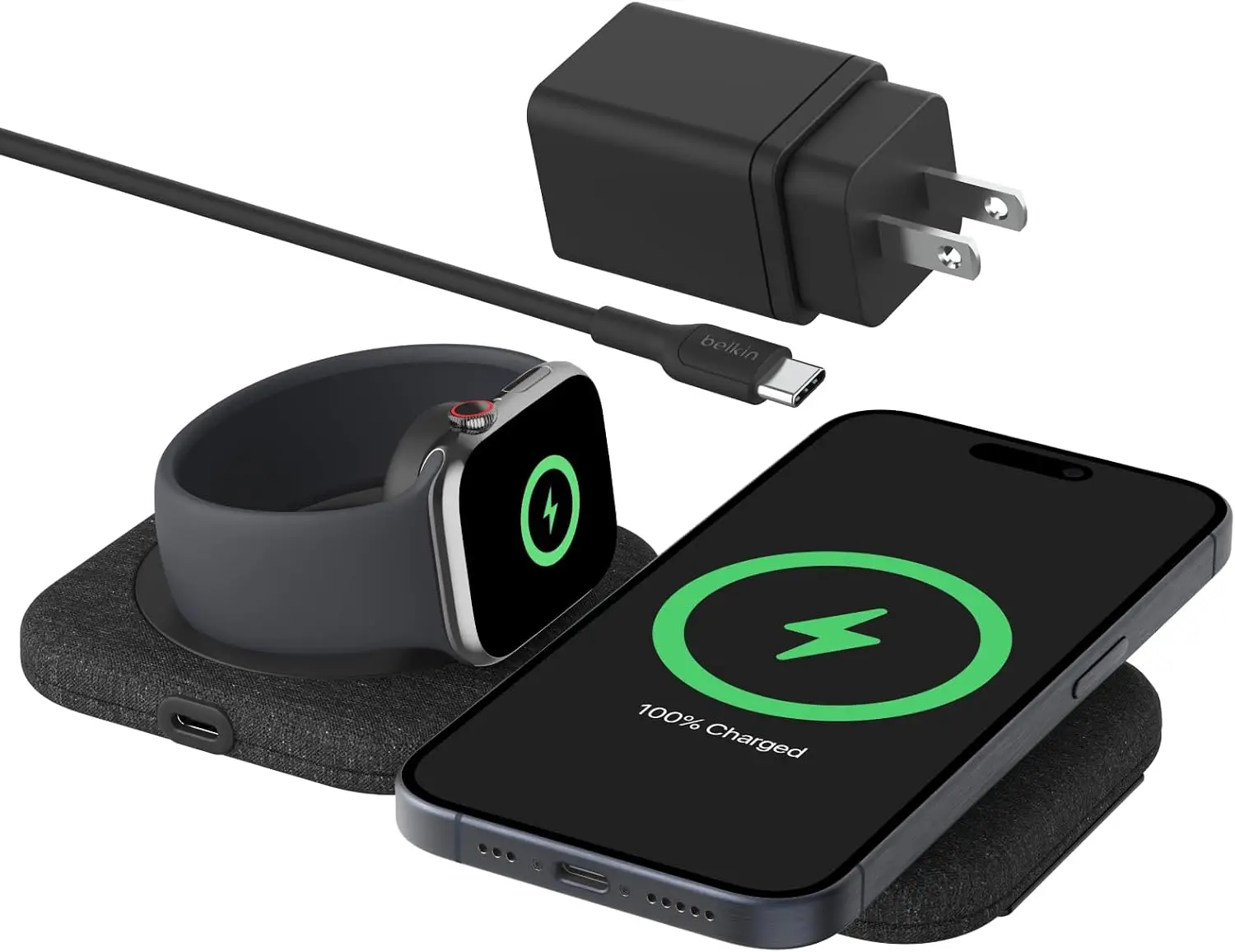 

2-in-1 Magnetic Wireless Charging Pad 15W Qi2 Fast Charge for iPhone 16 Series, Apple Watch, AirPods - Black