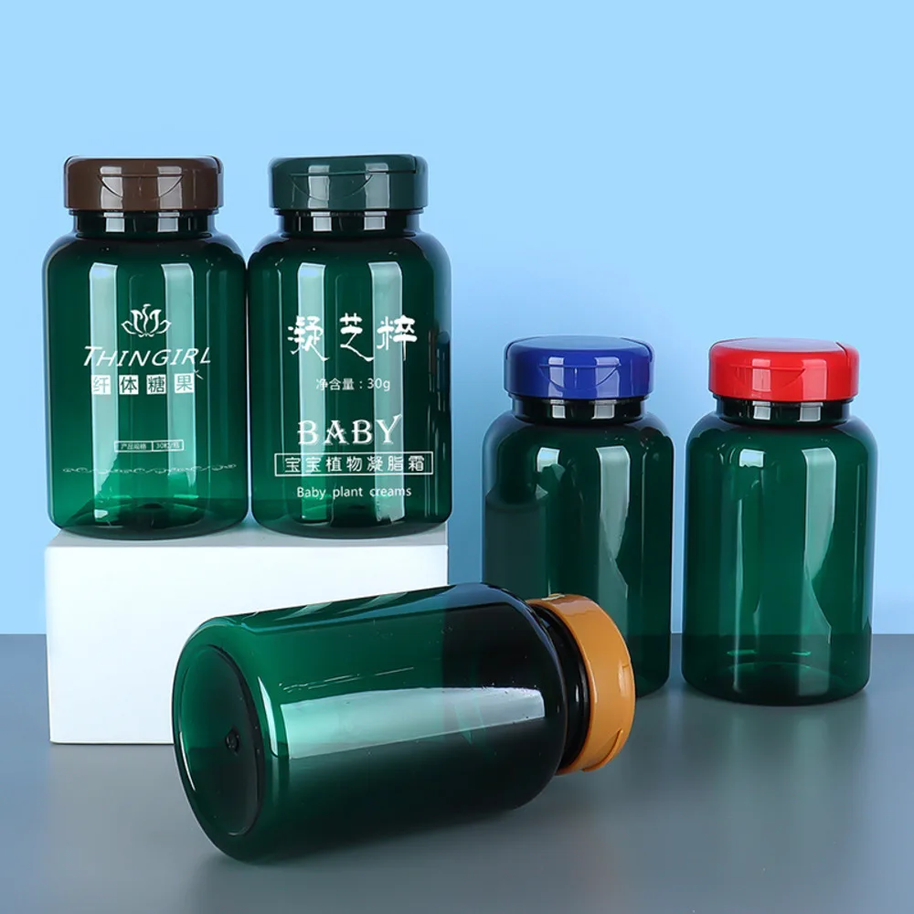 30 Pcs 225ml Semi Clear Green PET Empty Bottle Refillable Container for Powder Capsule Supplement Health Product