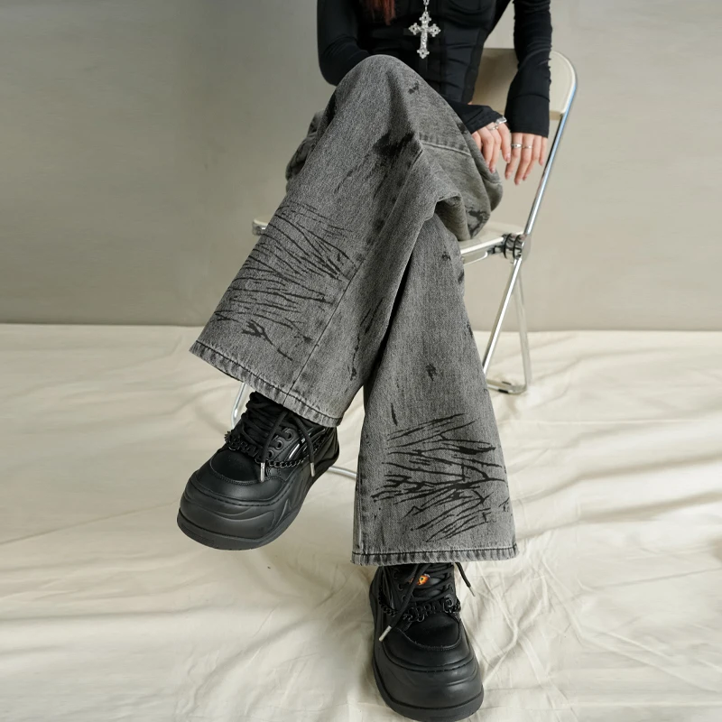 Blackgrey Tie-dye Retro Jeans Y2k Streetwear Casual Loose Vintage Straight Jeans Femme Dazan2025 High Waisted Denim Trousers