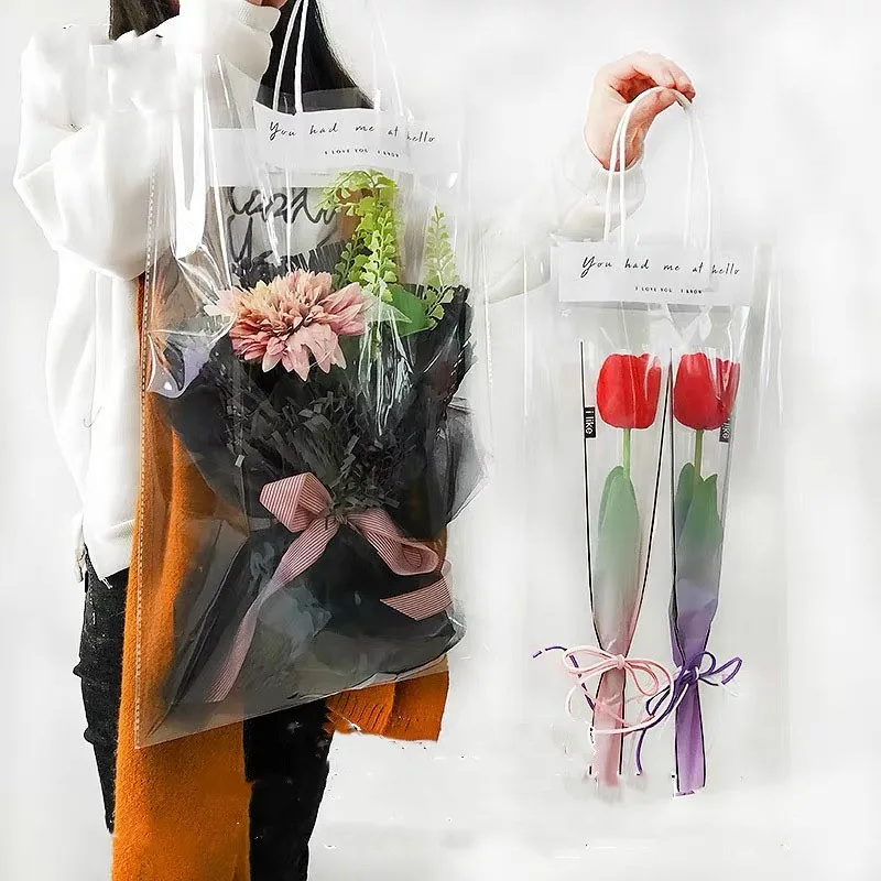 กระเป๋าถือพีวีซีกระเป๋าใส่ของห่อของขวัญดอกไม้สำหรับกระเป๋าใส่ของแผงลอยร้านดอกไม้พร้อมที่จับโปร่งใส