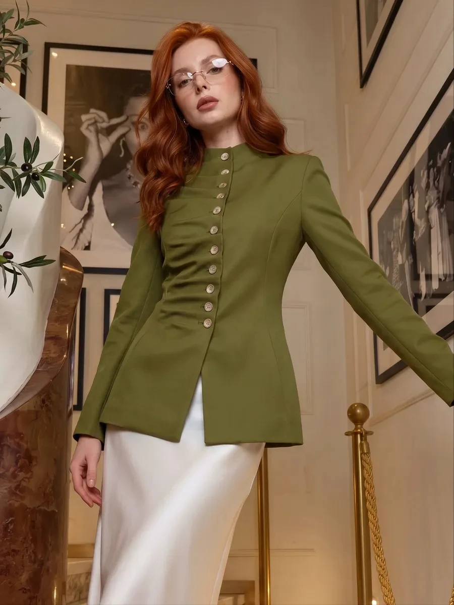

2026 Women's Stand Collar Fitted Blazer, Long Sleeve Diagonal Ruched Side Multi Metal Button Waist Cinched Structured Shoulder T