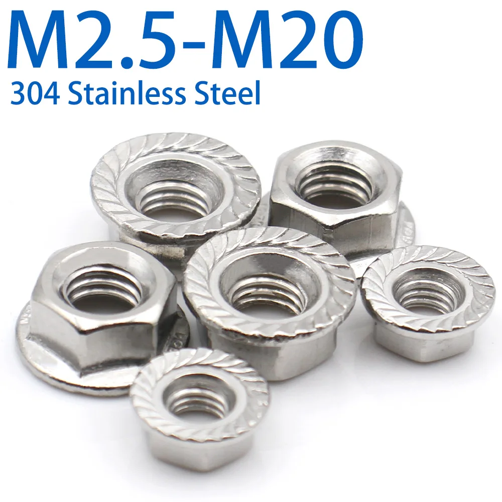 1-50pcs 304 Stainless Steel Hex Serrated Flange Nut Anti-Lock Non-Slip Nuts With Washer M2.5 M3 M4 M5 M6 M8 M10 M12 M14 M16 M20