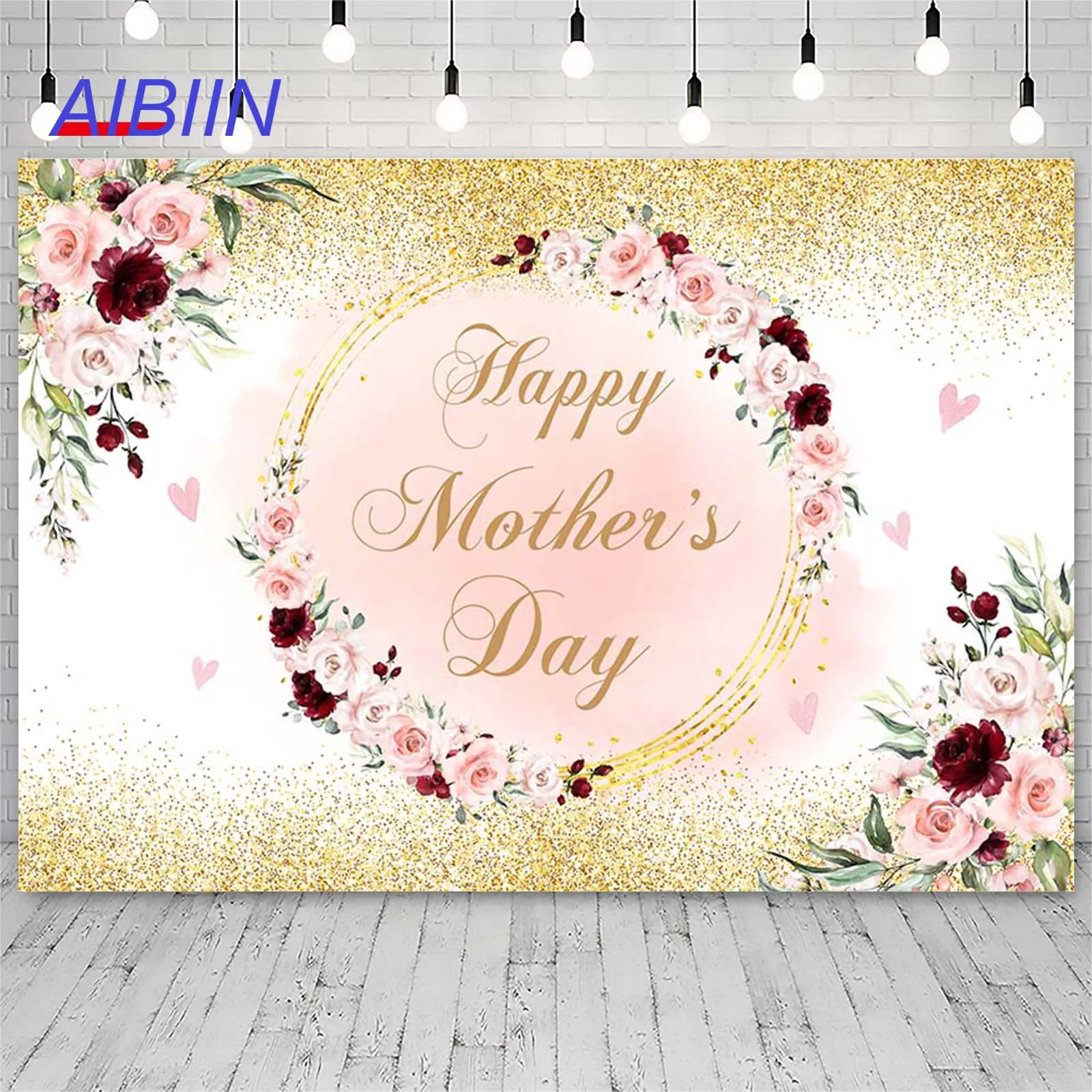 

AIBIIN Happy Mother's Day Photography Backdrop Pink Flower and Heart Gold Dots Background Party Poster Decoration for Mother Mum