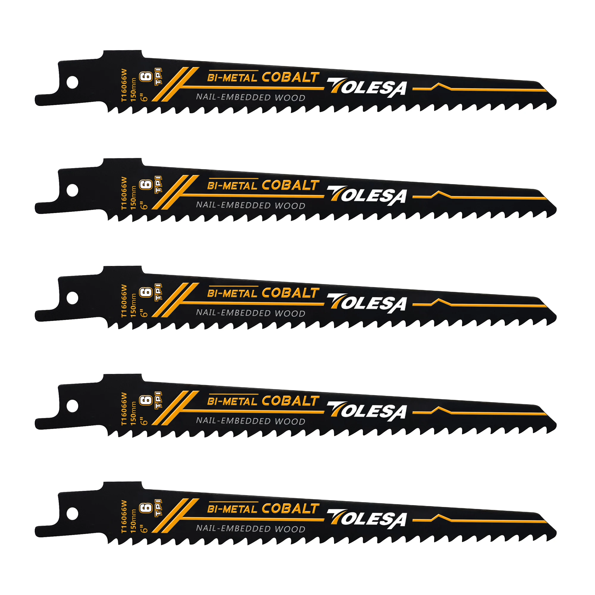 TOLESA 5PCS 6 Inch Reciprocating Saw Blades, 6TPI Sawzall Blades Wood Bi-Metal Teeth, for Wood Window Door Demolition, Cutting