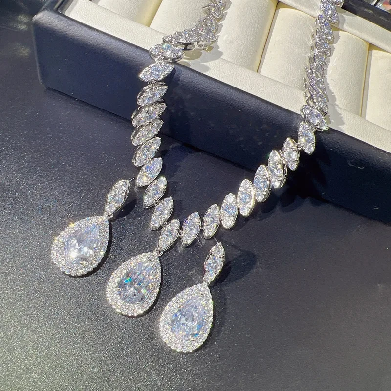 Super Shine Wedding Jewelry Sets For Women White Diamant Cubic Zircon Water Drop Earring Necklace Set Luxury Party Accessories