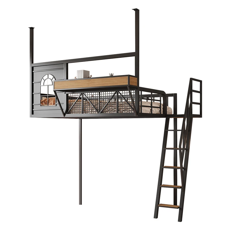 Wrought iron hammock space-saving elevated  small apartment loft  sheet upper floor apartment suspended bed empty