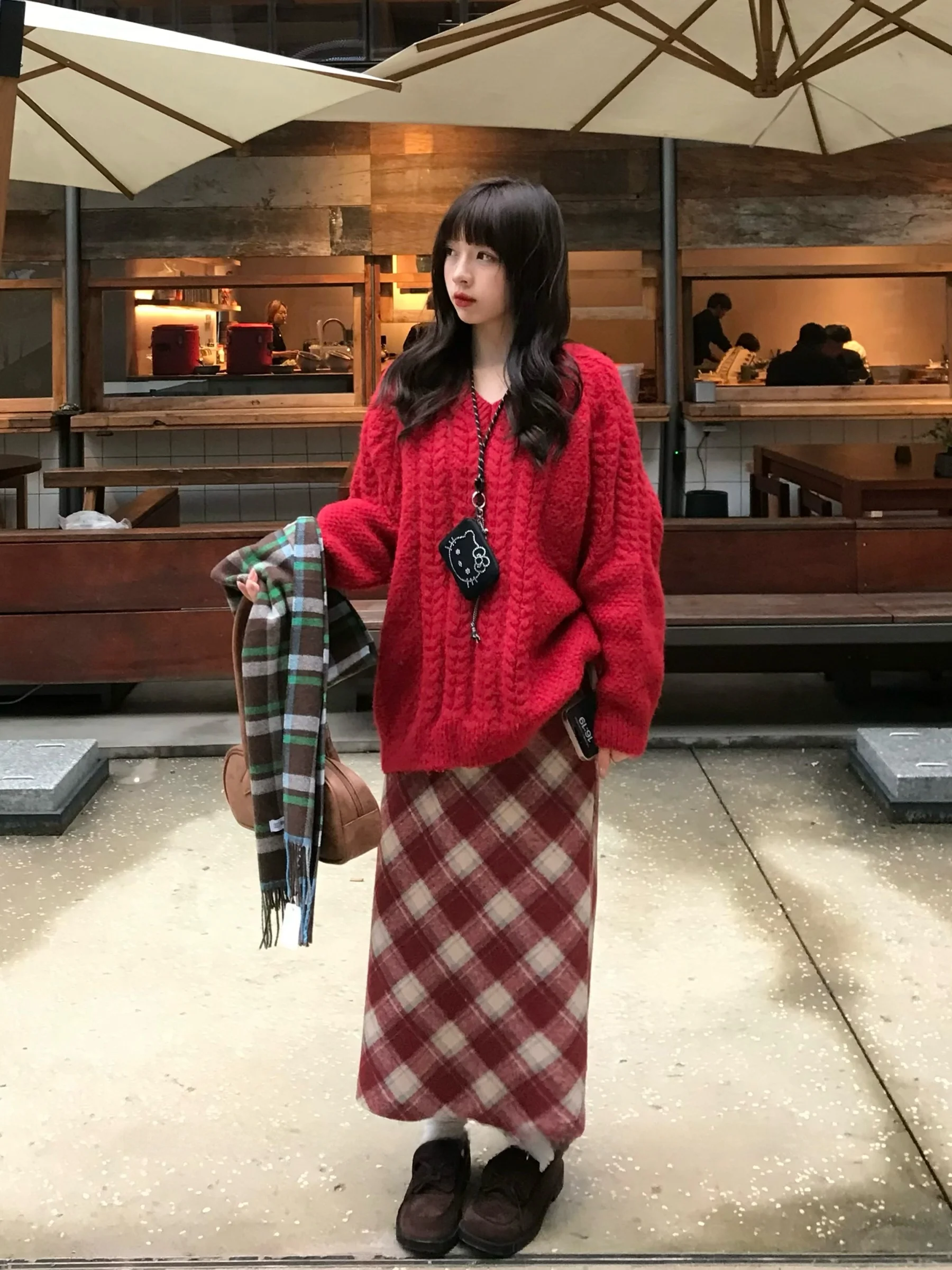 

Ulovely Plaid Sweater And Skirt Set V-Ne Loose Knit Winter Faion plus Size Women's Outfit Thiened Autumn Winter Set