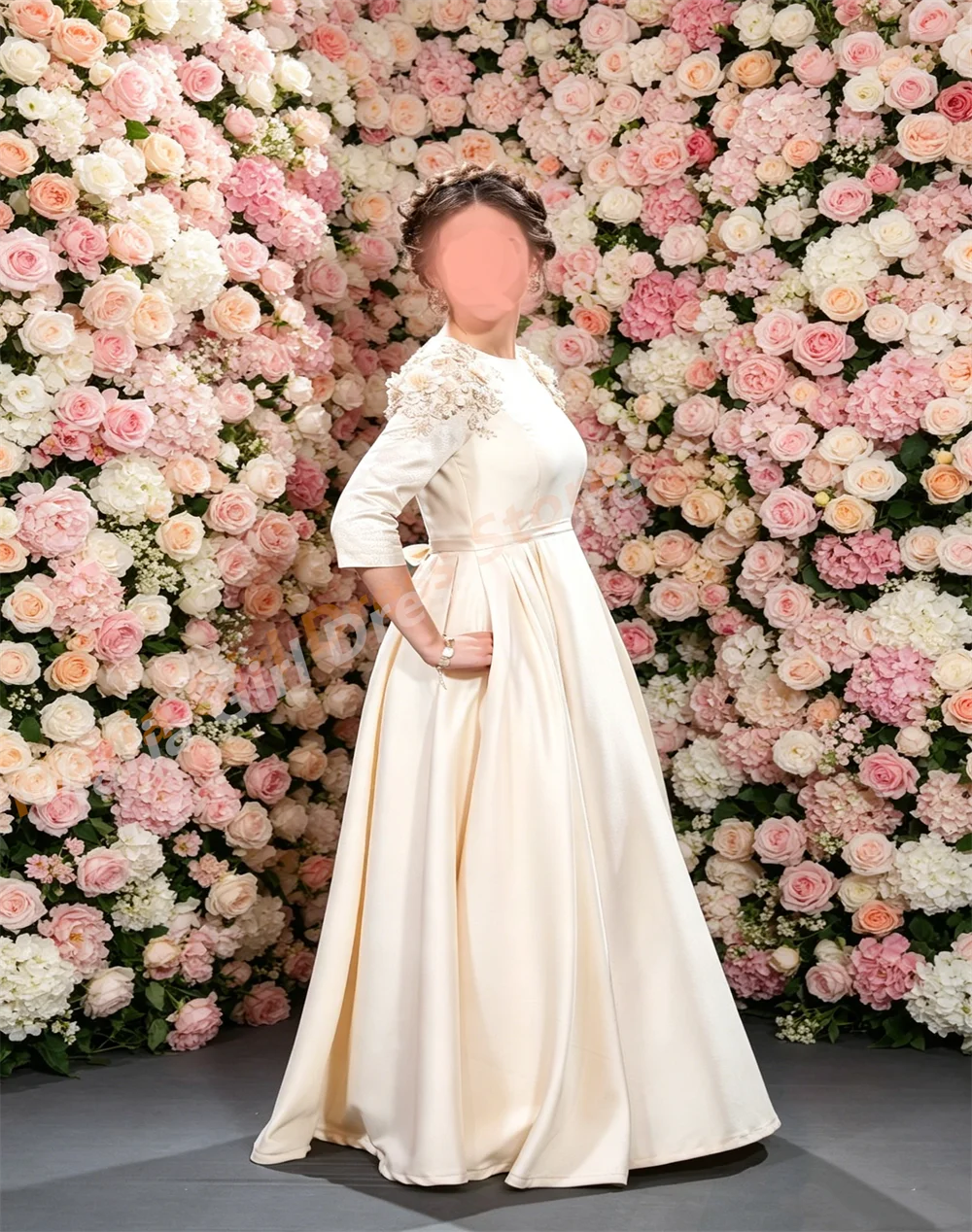 

Elegant Girl Dress Satin Applique Shoulder Round Neck Kids Dress Suitable for Weddings Parties Beauty Pageants Photography