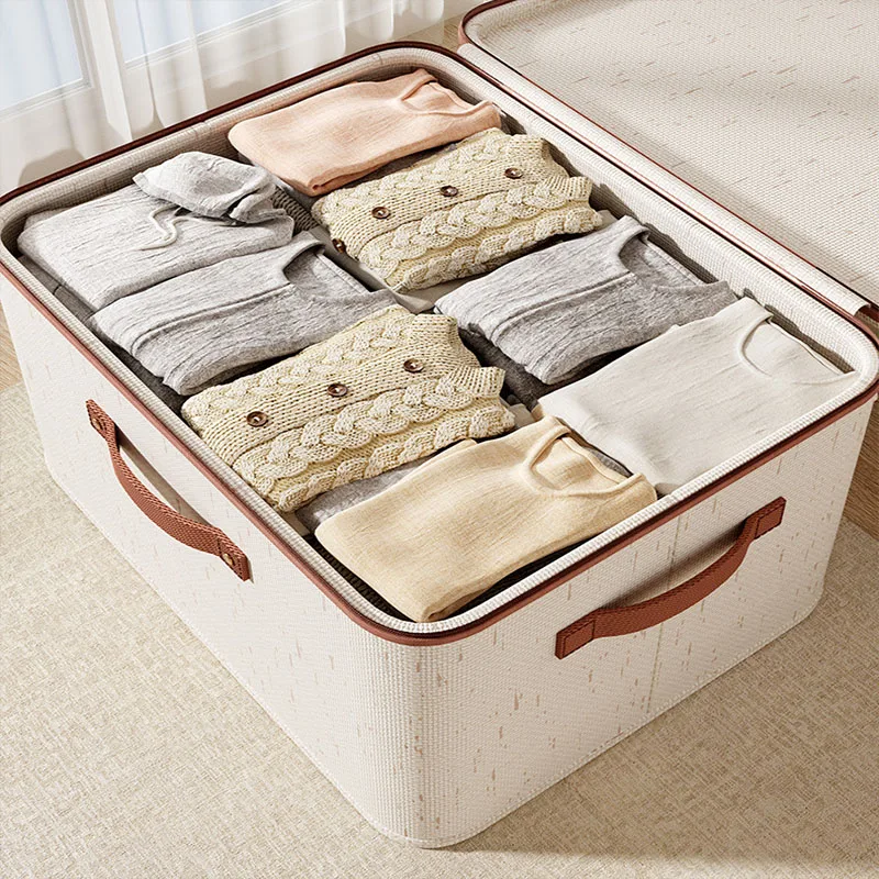 

Foldable Storage Box with Lid Cotton Linen Closet Organizer for Clothes Pants Quilts Dust-Proof Fabric Containers Rivets Handle
