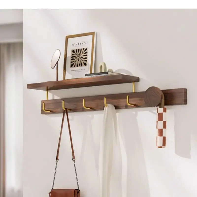 Black Walnut Brass Hook Coat and Hat Wall Hanging Storage Rack Shelf Hooks Hanger Decorative