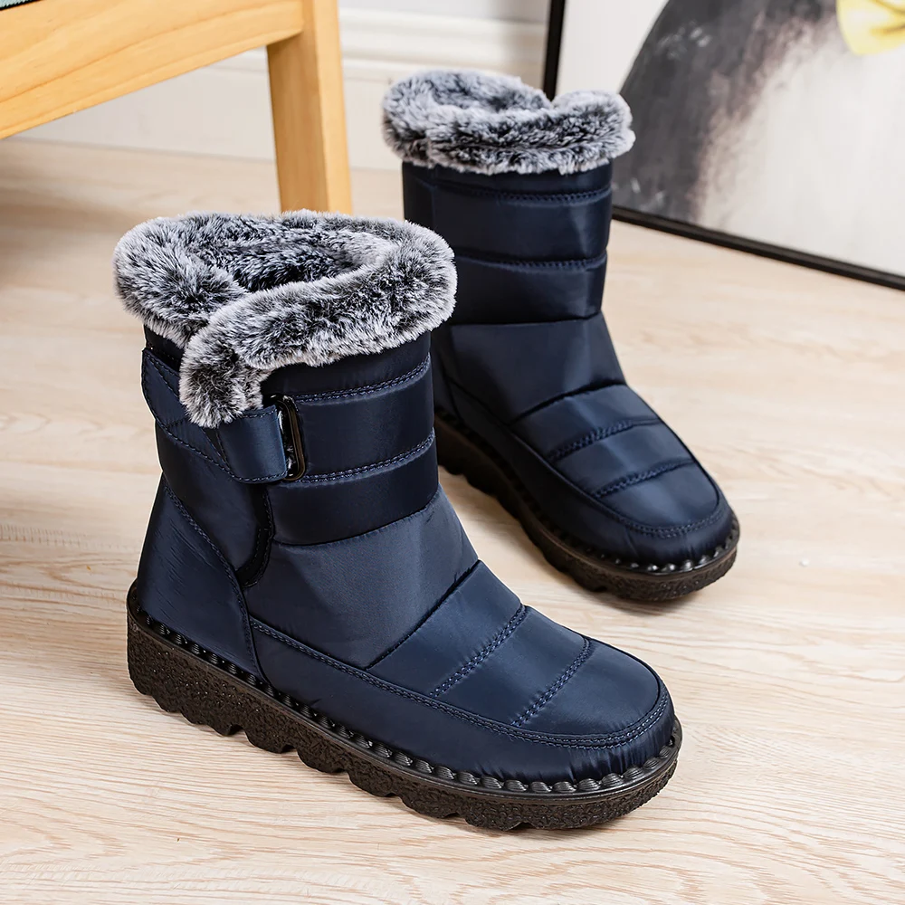 Botas de neve de sola grossa para senhoras, sapatos de algodão quente, luxuoso ao ar livre, casual e versátil, sapatos pretos de caminhada, tamanhos grandes 35-44