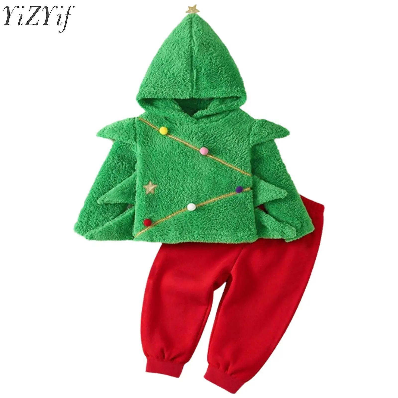 Kids Girls Boys Christmas Tree Shaped Fleece Outfit Long Sleeve Hoodie with Pants Sets for Xmas New Year Festival Party Holiday