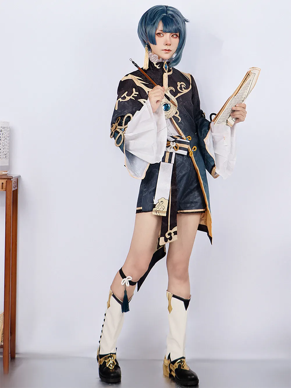 XingQiu Cosplay Genshinimpact Cosplay Costume Xing Qiu Wig Uniform Outfits Earrings Anime Game Halloween Party Costumes