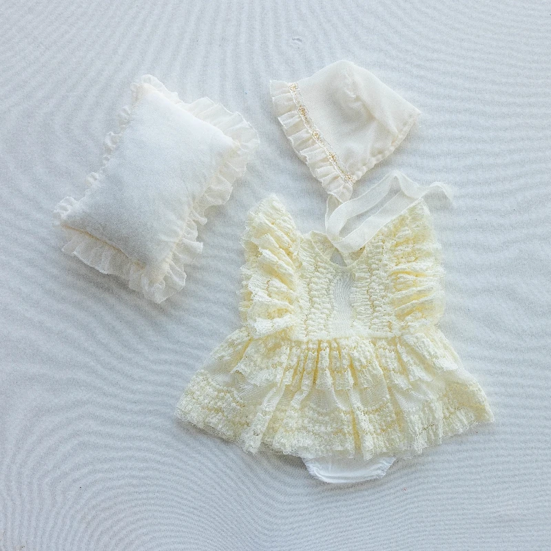 Accesorios de fotografía para recién nacidos, vestido de princesa de encaje para bebés, traje infantil para disparar, mono + sombrero + almohada, accesorio para bebés de 0 a 1 mes