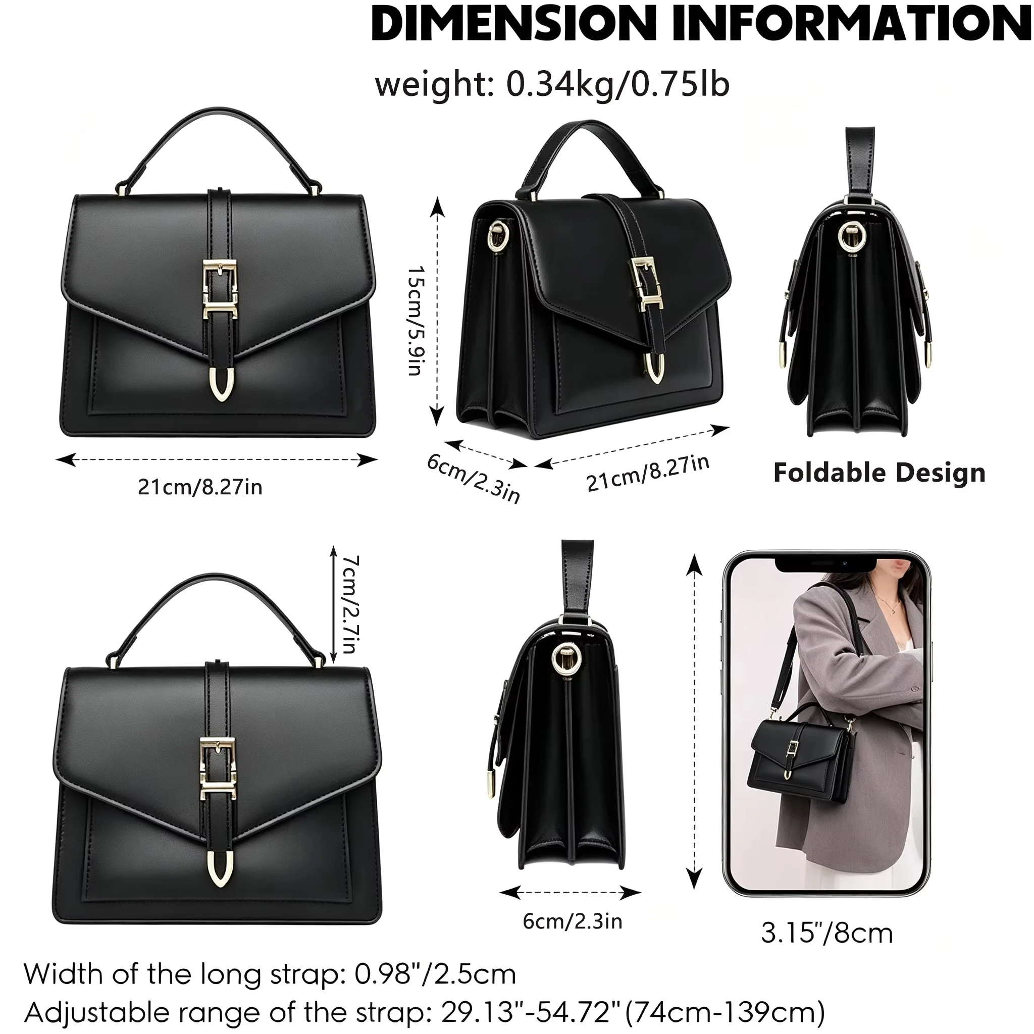 Women PU Leather Handbag Elegant Flap Square Shoulder Bag Metal Buckle Multi‑pocket Large Capacity Crossbody Purse Daily Work Office Satchel Bag view 5