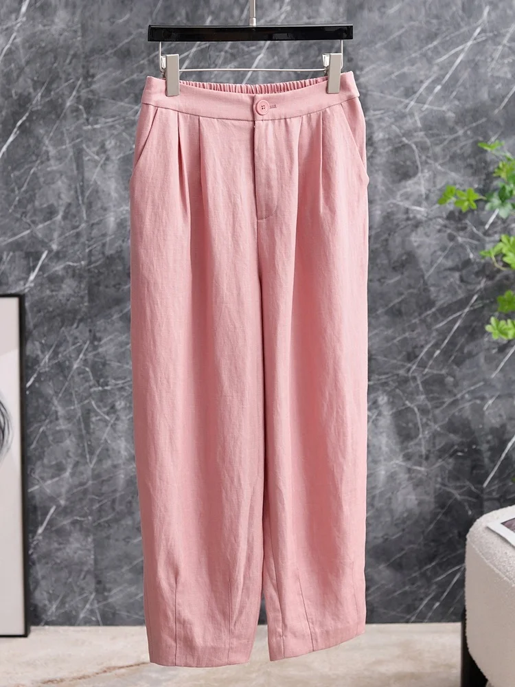 Comfortable Loose Fit Pink Linen Pants Women's Small Size Cuffed Lantern Casual Trousers Commute Style High Waist Nine Points