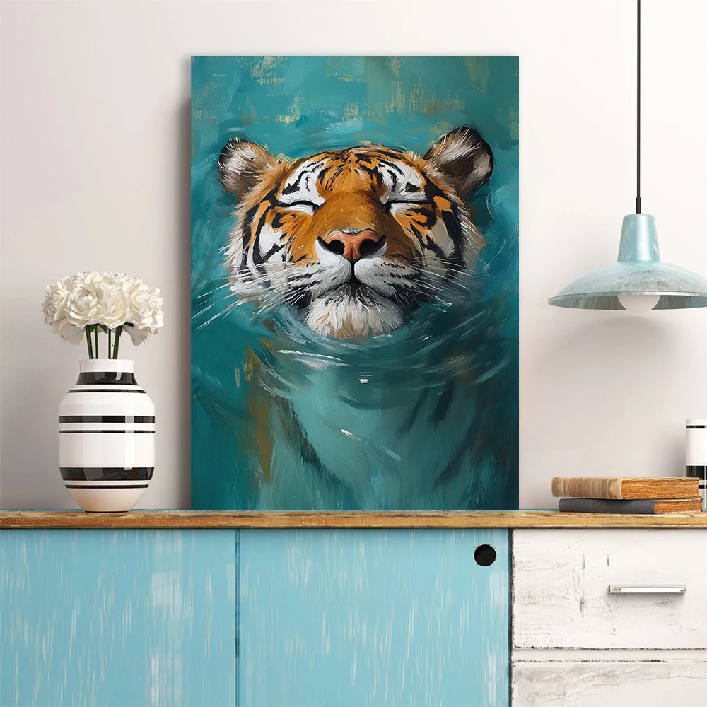 Tiger Wall Art Print Poster Wildlife Canvas Painting Majestic Tiger in Water Poster Animal Art Jungle Boho Home Bedroom Decor