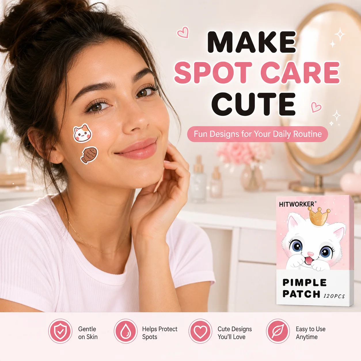 120PCS Cute Cartoon Pimple Patches for Face, Cat Fish Star Cherry Carrot Blemish Cover Stickers, Mixed Pattern Facial Spot Patch