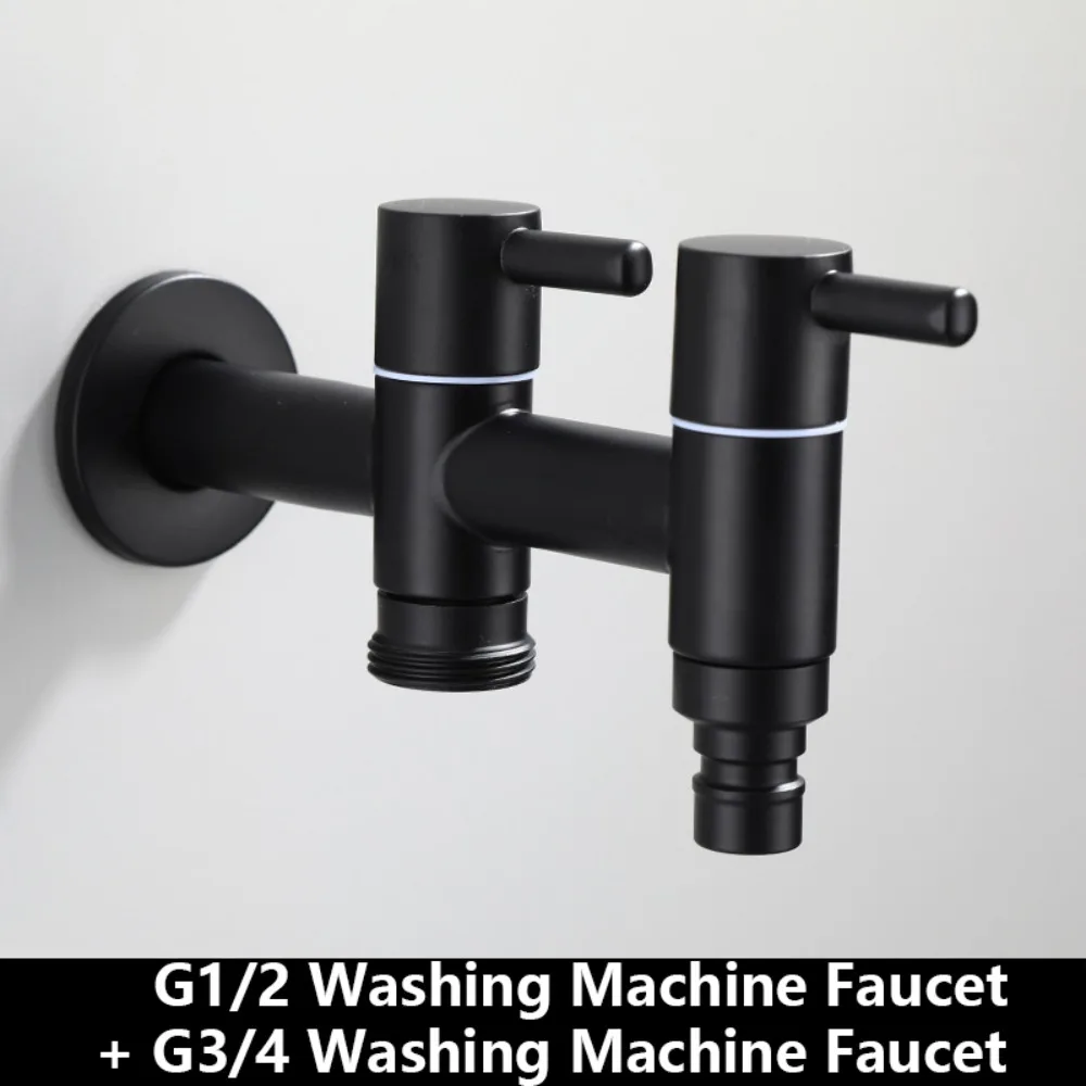 

304 Stainless Steel Washing Machine Faucet Anti Splash Wall Mounted Mop Washing Tap Matte Black 1in 2out Bathroom Sink Bibcock
