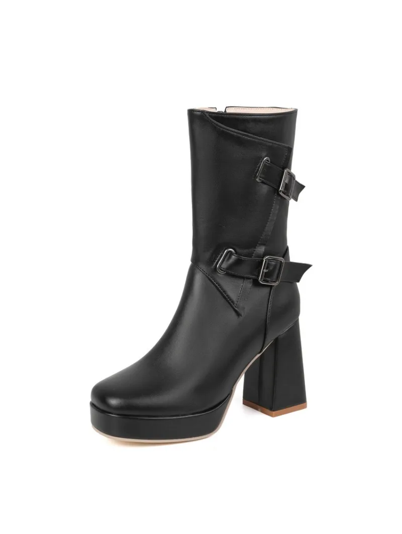 Plus Size 34-50 Ladies Square Toe Mid Calf Platform Chunky Block Heel Buckle Boots White Yellow Women Fashion Gladiator Boots