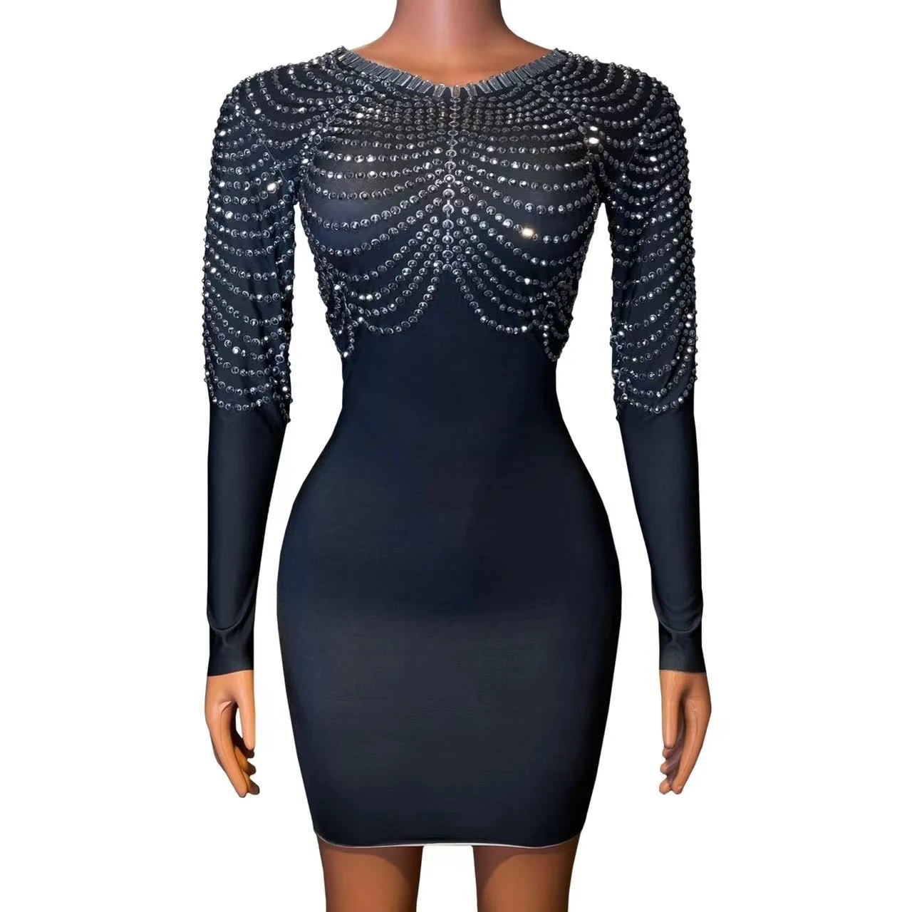 Abito con strass Cantante Performance Wear Donna Nero Manica lunga Festa di compleanno Abiti da festival Costume da drag queen VDB7953