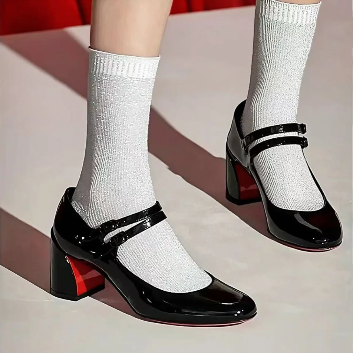 Patent Leather Round Toe Women Pumps Shoes Chunky High Heel Buckle Strap Design Large Size Shollow Marry Jane Shoes