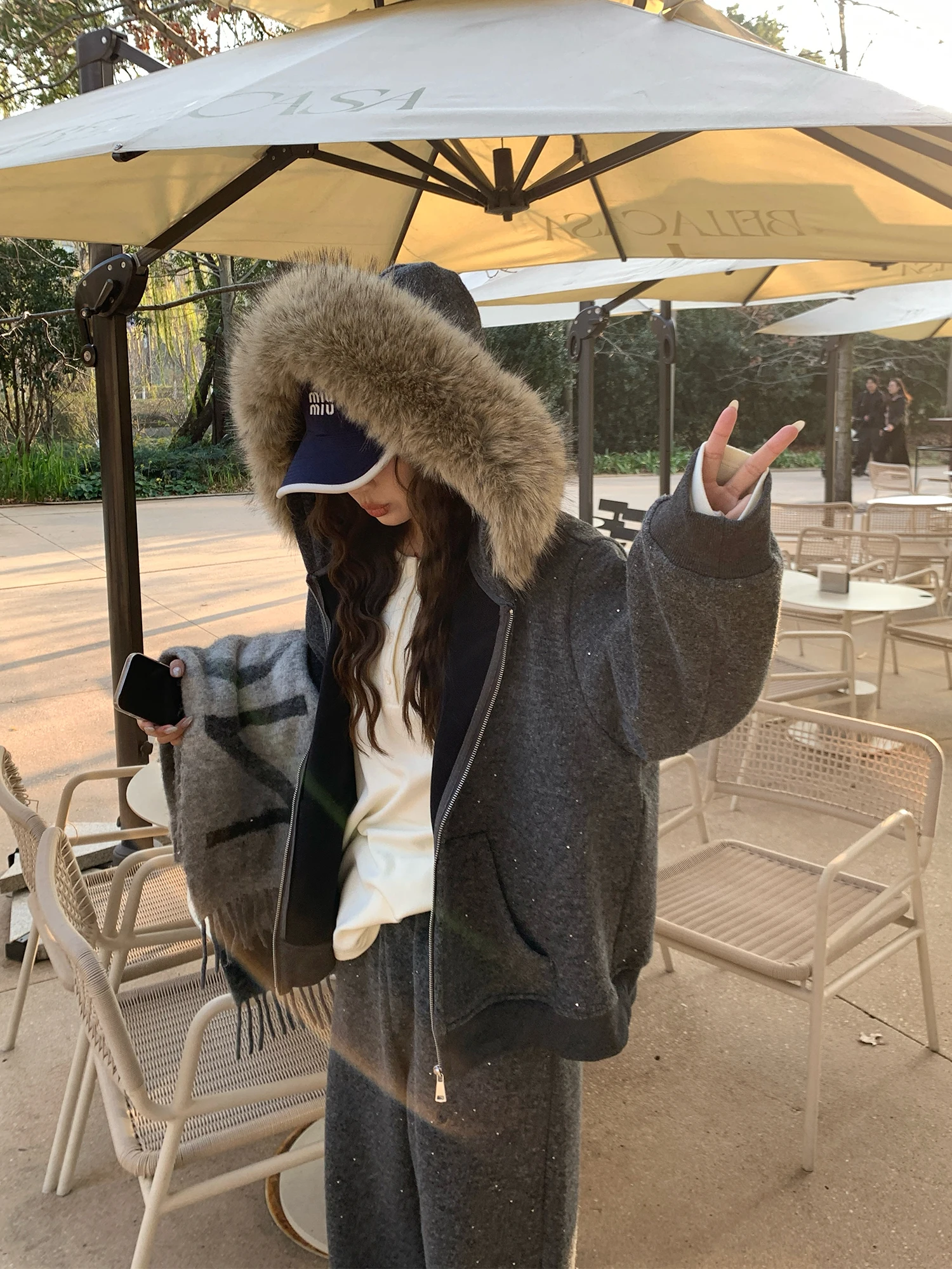 

NAZ plus Size Winter Wool Blend Casual Faion Hooded Jaet Fce Lined Pants Set High Waist Loose Fit Long Sve