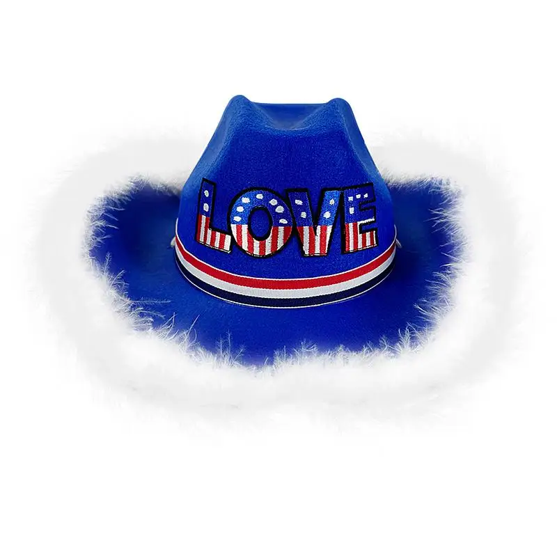 Sombrero de vaquero Sombrero de vaquera occidental de fieltro con cordón bordado Patrón de amor Accesorios de disfraz para el día patriótico de mascarada