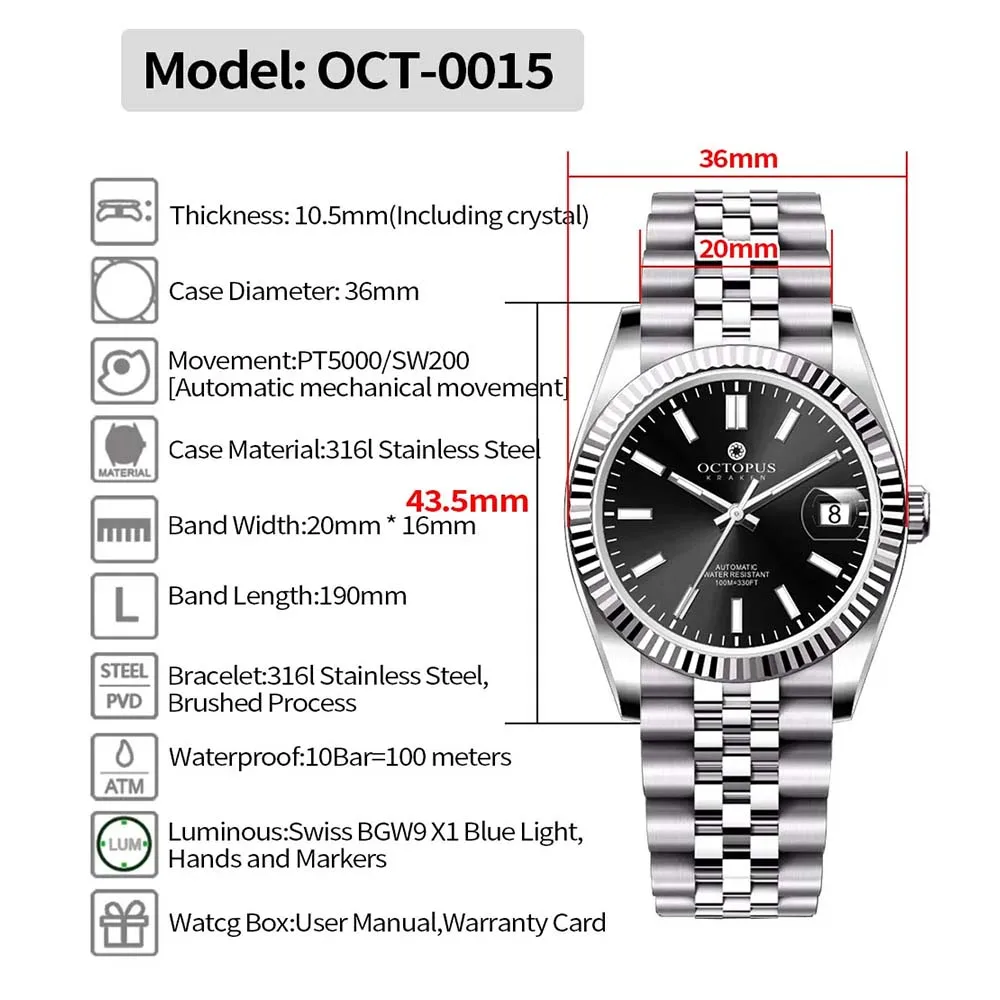 Octopus Kraken-高級自動機械式時計,ステンレス鋼,サファイア,防水,OCT-0015,pt5000,2022