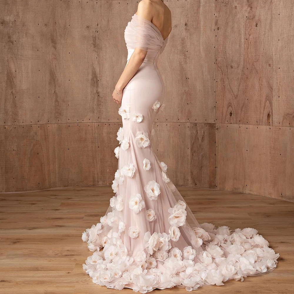 Woman Mermaid Evening Dresses Floor-length Off The Shoulder Sleeveless Prom Gown Fashion Flowers Draped Backless Customized Gown