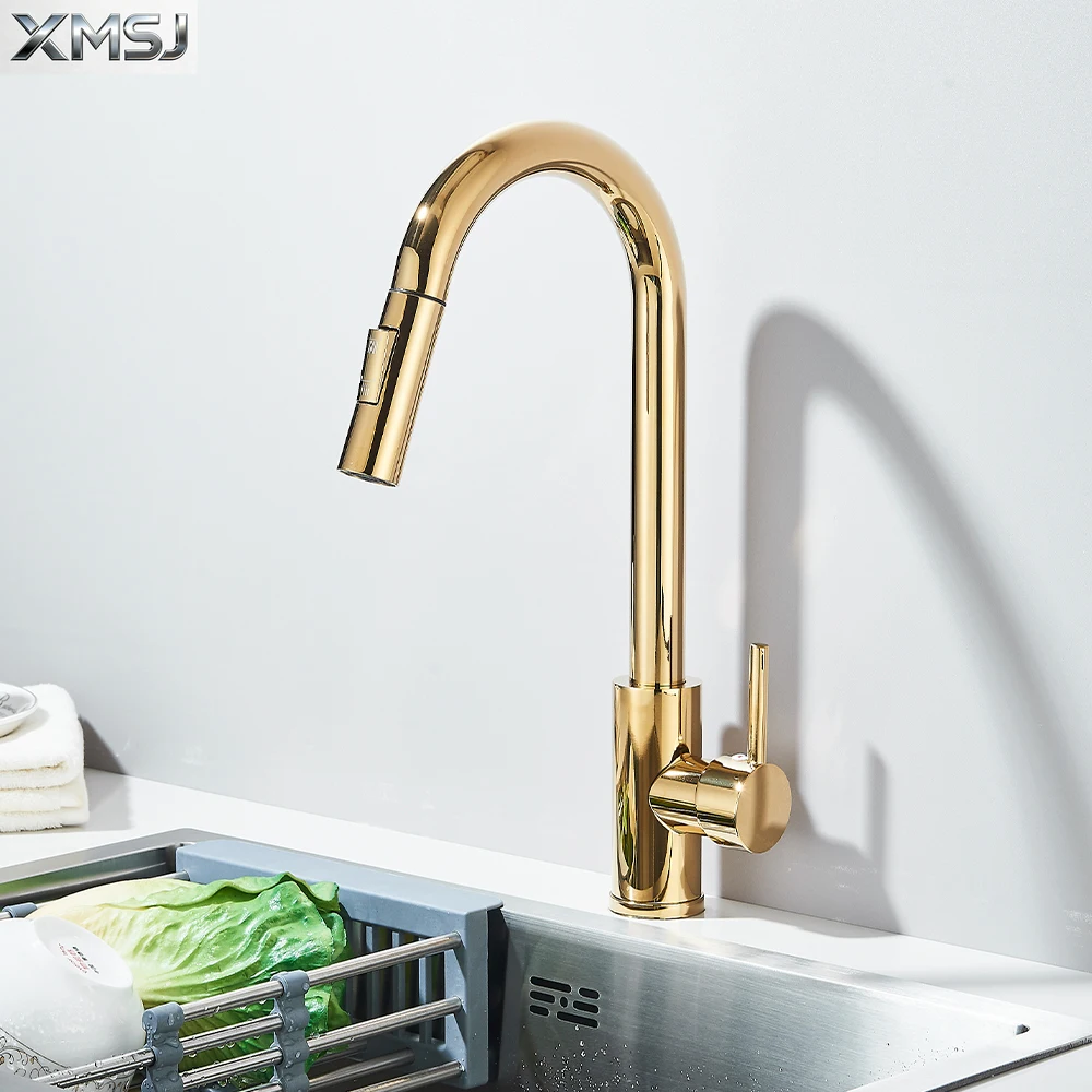 

Polished Gold Kitchen Sink Faucet Pull Out Spout Cold Hot Water Mixer Taps Deck Mounted