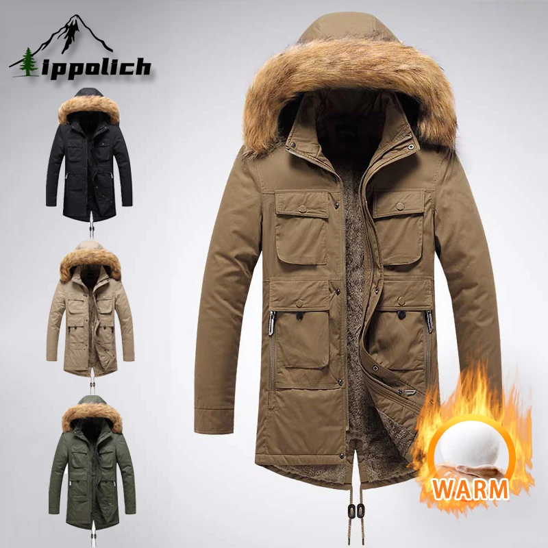 

IPPOLICH Men's Winter Plush Thick Casual Coat Parkas Hooded Windproof Man Jacket Detachable Hooded Multi Pocket Workwear Coat