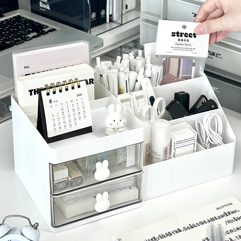 Double Drawer Desktop Cosmetics Storage Box 7 Grids Office Storage Rack Stationery Desk Pen Holder Bunny Sundry Drawer Organizer