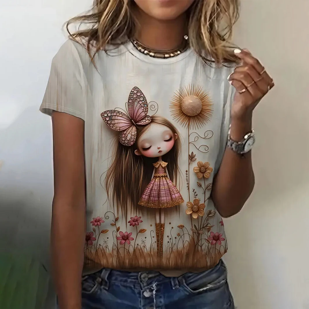 

Уличная женская футболка с мультяшным принтом, летняя повседневная пуловер с круглым вырезом и короткими рукавами, мужская одежда больших размеров