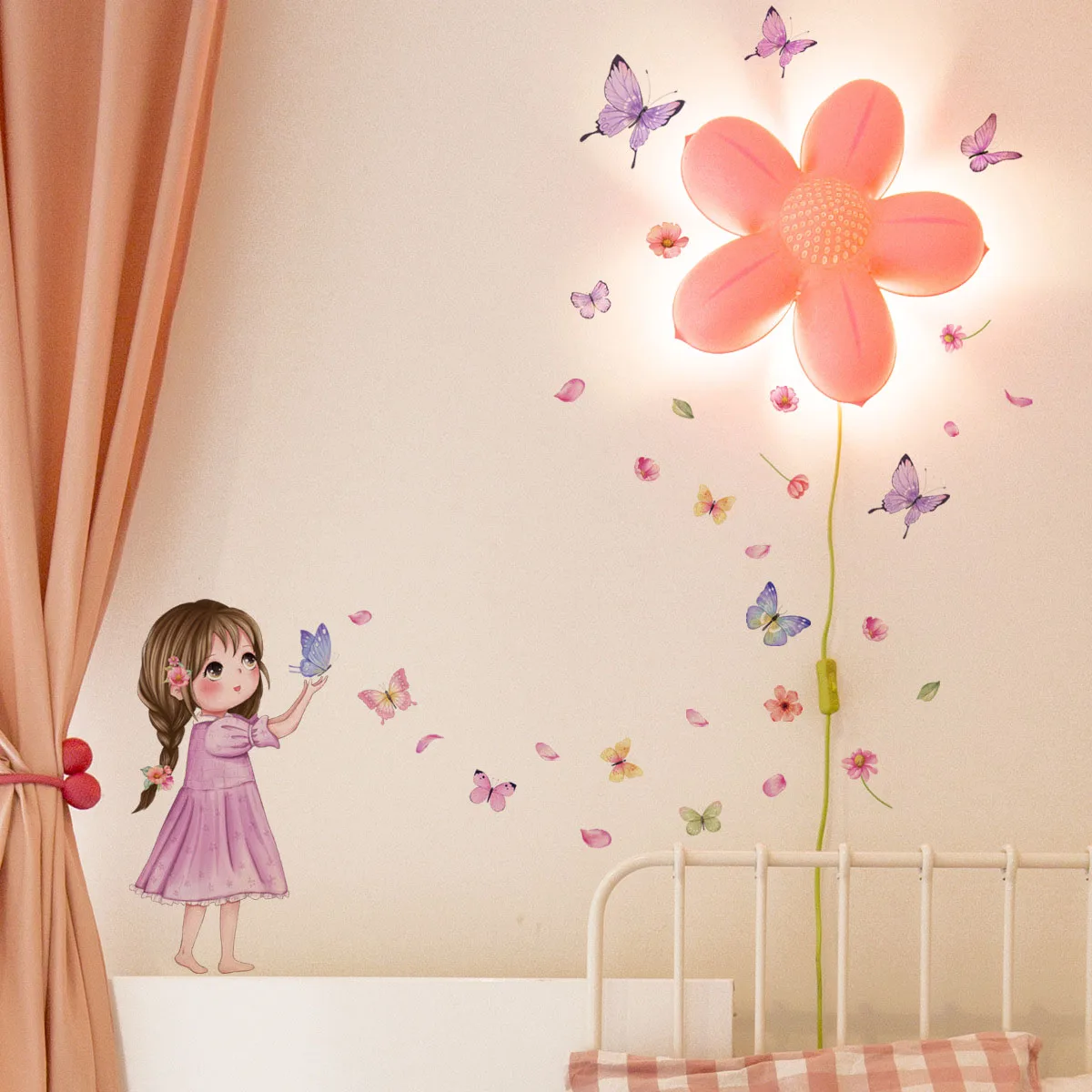 Flower little girl color butterfly wall sticker background wall room decoration wall sticker self-adhesive wall sticker