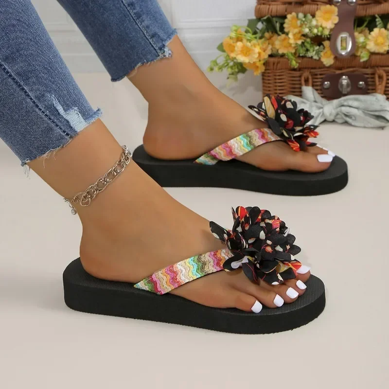 2024 Summer Women's Slippers New Fashion Flip-Toe Women's Flat Shoes Outdoor Casual Color Block Flower Decorated Beach Shoes