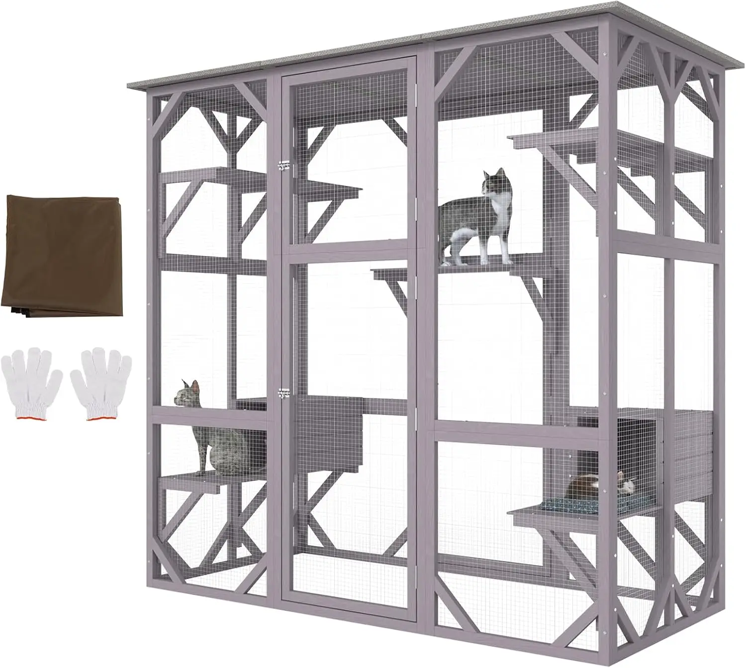 

Cat Cage Condo Catio Outdoor/Indoor Cat Enclosure, Wooden Cat House with 5 Platforms, 7-Tier Pet Playpen with 2 Resting Box