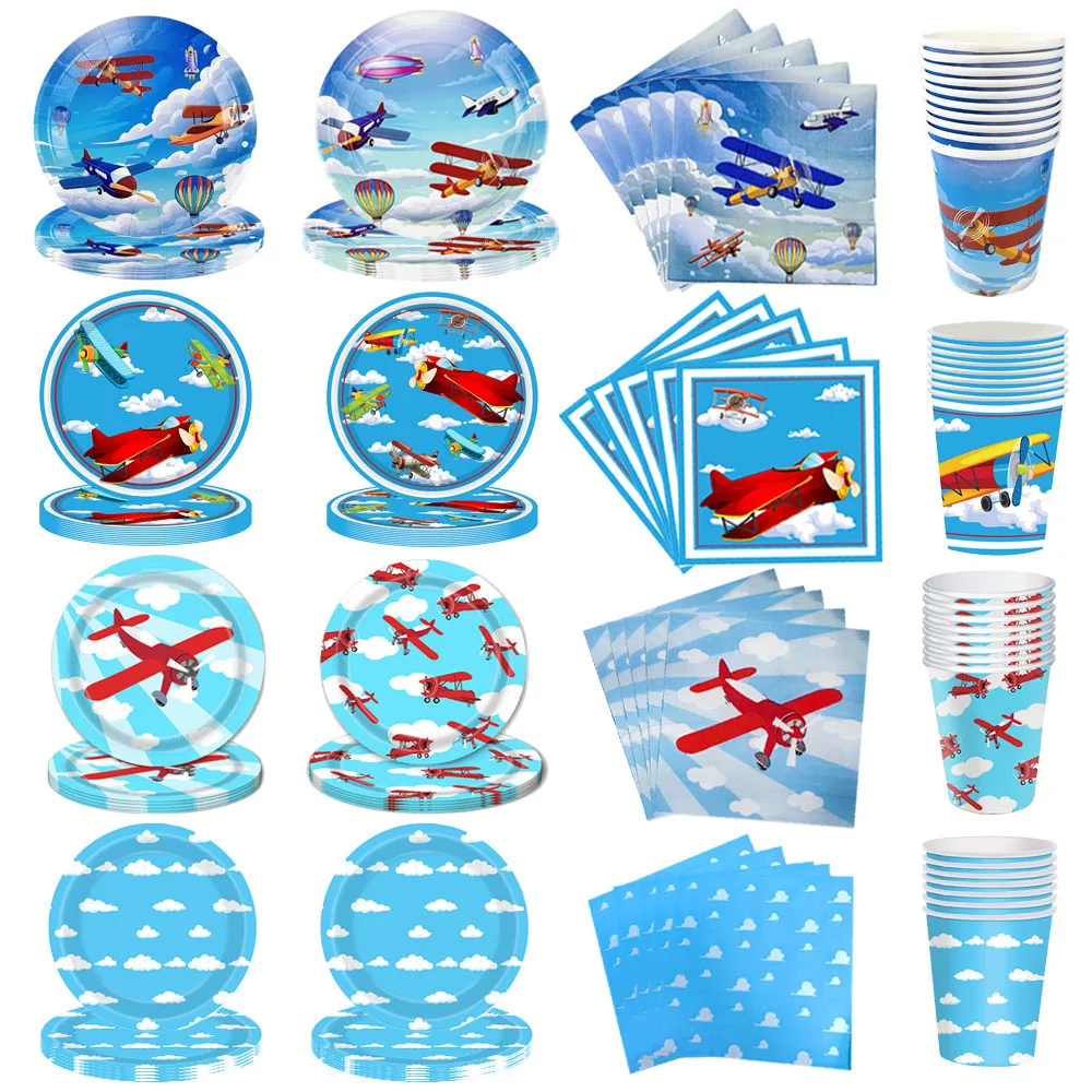 Baby Shower Airplane Disposable Tableware Party Decor Paper Plates Napkins Cups Kids Birthday Party Airplane Theme Party Supplie