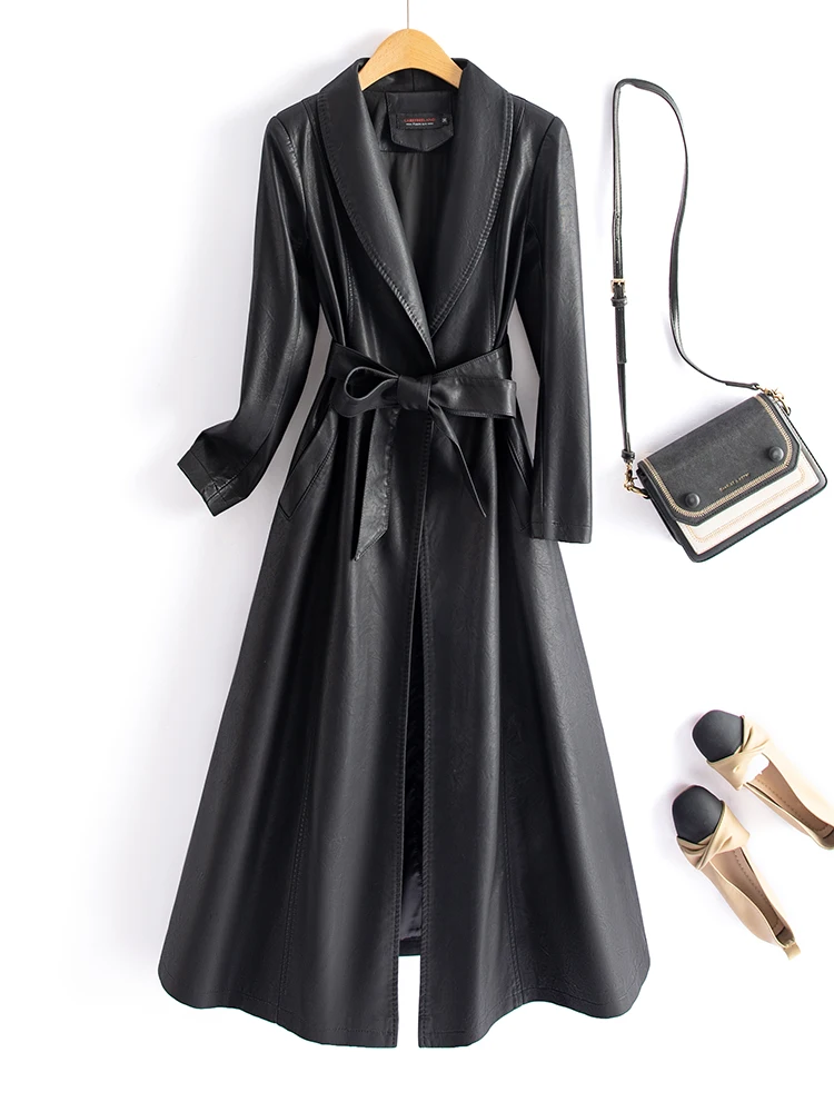 2025年春 レディース 本革シープスキンコート スリムフィット ベルト付き ウィンドブレーカー ジャケット ロングスリーブ ビジネススタイル