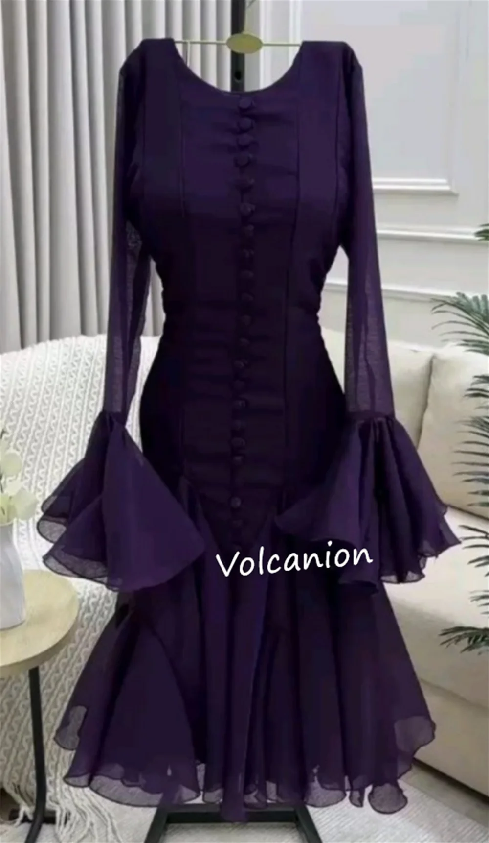 Customized Jersey Button Ruched A-line O-Neck Midi Dresses Bespoke Occasion Prom Party Classic Simple Elegant